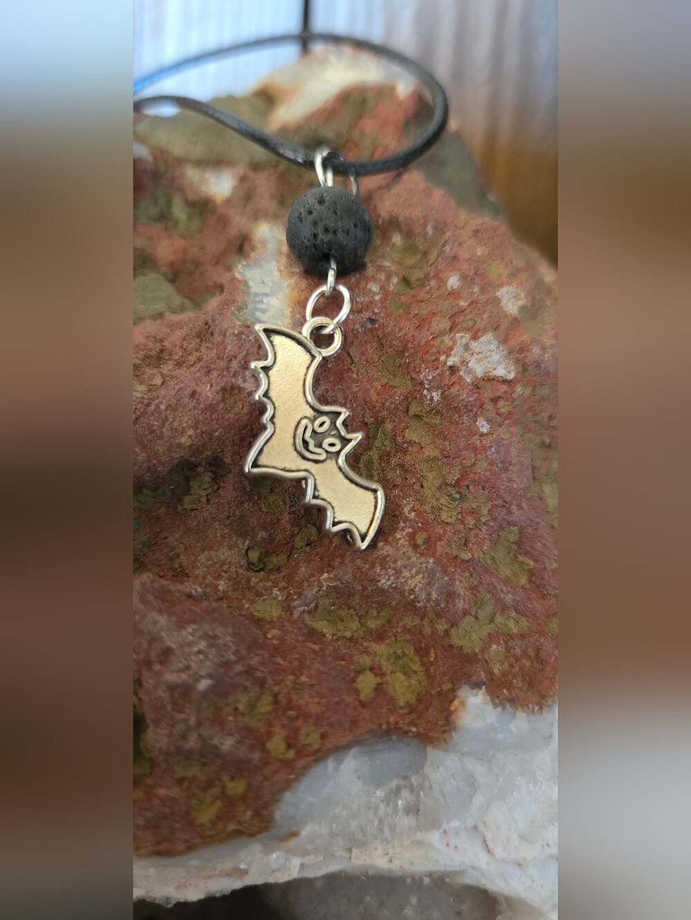 Silver Bat Charm Necklace - Black Cord